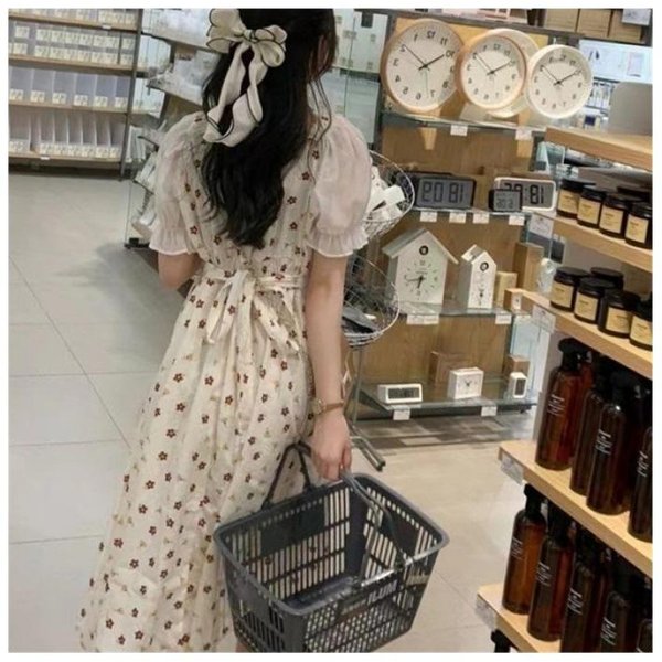 Estilo FrancéS Suave DiseñO De Nicho Manga Abullonada Falda Floral Para Mujer En Verano Nuevo Vestido De Cintura PequeñA 2XL Gray-image