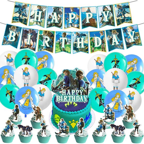 32 Piezas De Suministros Para La Fiesta De CumpleañOs De Zelda Que Incluyen Pancartas, Globos Y Adornos Para Pasteles.-image