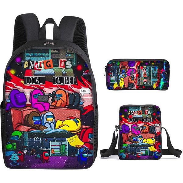 Mochila Escolar Hombre Lobo Espacial Amongus Juego De Tres Piezas Merchandising Estudiantes De Primaria Y Secundaria Mochila Estuche Bolso Shoulder Bag-image