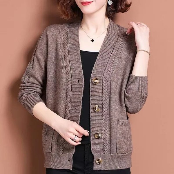 Damski Jesienny Oversize Kardigan Sweter Z Dzianiny Z Dekoltem W Serek, Z ZapięCiem Na Guziki I Kieszeniami 2XL Kawowy-image
