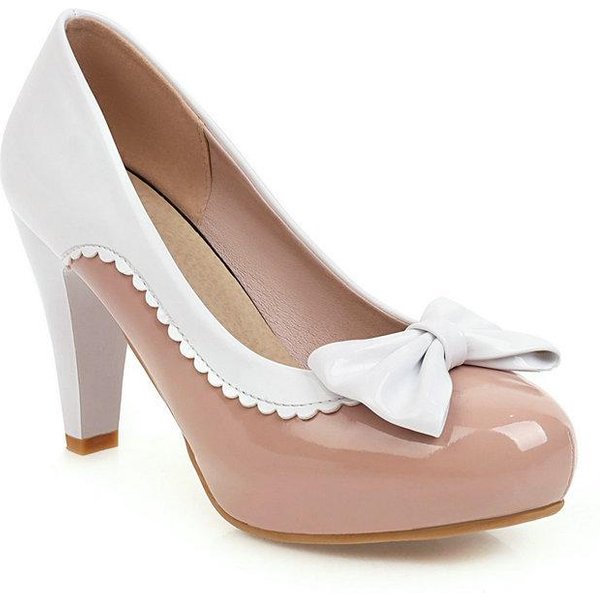 Moda Damska 7CM Wysokie Obcasy SłOdkie Bownot Lolita KsiężNiczka Pojedyncze Buty Platforma Kostki Pasek PokojóWka Mary Jane Pompy 36 White-image