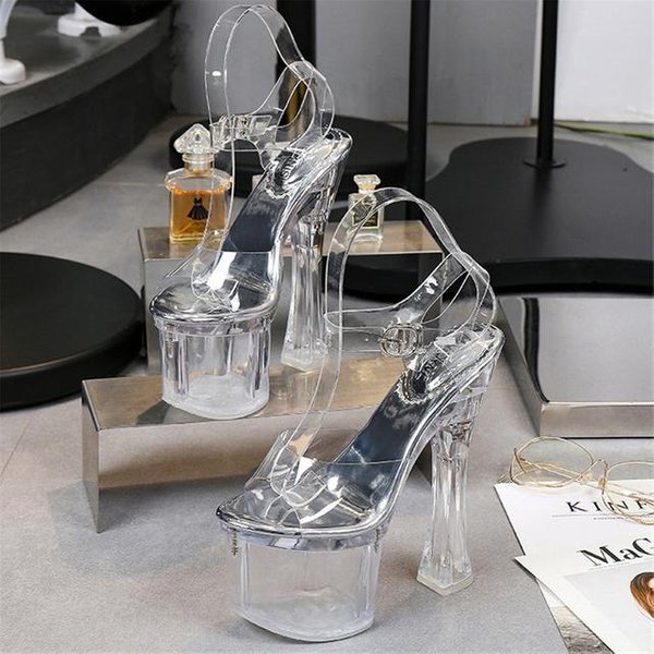 Mujer Verano Tacones Altos 18Cm Sandalias Plataforma 8Cm Dama Transparentes Extremos Tacones De Bloque Sandalias De Tiras Zapatos Pleaser 39 Gray-image