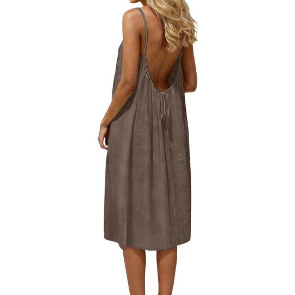 Vestido Camisola De Espalda Descubierta Para Mujer Verano Sin Mangas Vestido De Playa De Tirantes Finos Suelto Y Fluido Con Lazo En La Espalda S Brown-image