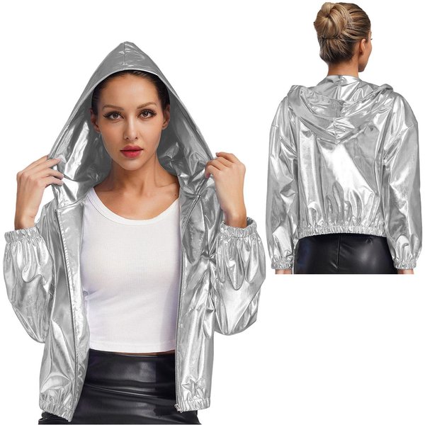 S-4XL Damska Holograficzna Kurtka BłYszcząCa Metaliczna Z DłUgim RęKawem, Z Kapturem Zapinana Na Zamek KróTki PłAszcz Moda Odzież Klubowa I Na Wieczorne WyjśCie XXL Srebro-image