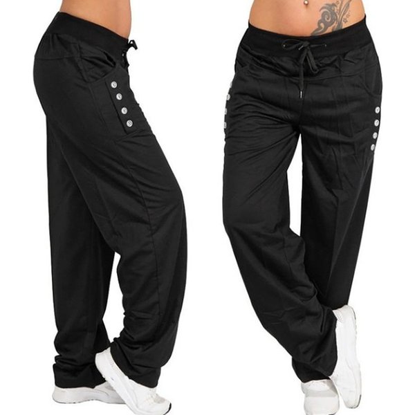 Moda Damska Sport Elastyczny Pas Casual LuźNy Sznurek Slim Fit Wysokiej JakośCi DłUgie Spodnie Spodnie Z Szerokimi Nogawkami S Czarny-image