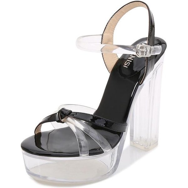 Kobiety 13Cm Wysokie Obcasy 3 .5Cm Platforma Fetysz SandałY Pani Przezroczyste Klockowe Obcasy Grube SandałY Transparentne Buty Klubowe Na Bal 41 Black-image