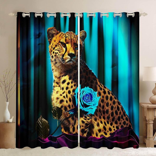 Cortinas Decorativas Retro Coloridas Con Estampado De Animales LeóN Y Rosas Para Sala De Estar, Estudio, HabitacióN Infantil, FáCiles De Lavar Y Cuidar, 2 Piezas W50Xh130(Cm)X2Pcs&Rod Pocket-image