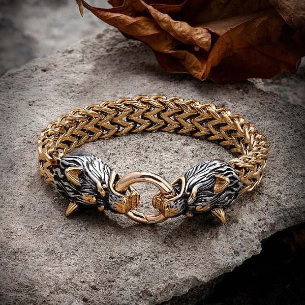 Pulseras Vikingas Celtas De Lobo Para Hombres Malla De Acero Inoxidable Pulsera Punk Cabeza De Lobo NóRdico Amuleto JoyeríA Escandinava Regalos Masculinos 19Cm Gray-image