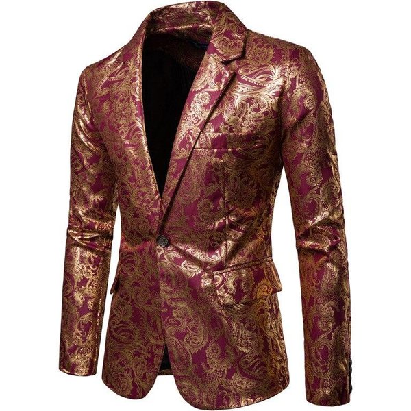 MęSka Marynarka Slim Fit One Button Men Jacket Gold Print Groom Wedding Dress Suit Stage Club Party Casual Formalne Blezery Xxxl Black-image