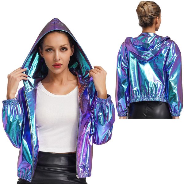 S-4XL Damska Holograficzna Kurtka BłYszcząCa Metaliczna Z DłUgim RęKawem, Z Kapturem Zapinana Na Zamek KróTki PłAszcz Moda Odzież Klubowa I Na Wieczorne WyjśCie M-image