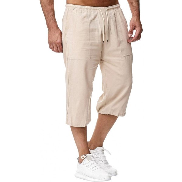 MęSkie Letnie Spodnie Na Co Dzień śRedni Stan Elastyczny Sznurek W Pasie Spodnie Szerokie Nogawki Jednokolorowe Kieszenie Spodnie Do PołOwy łYdki Streetwear L Beige-image