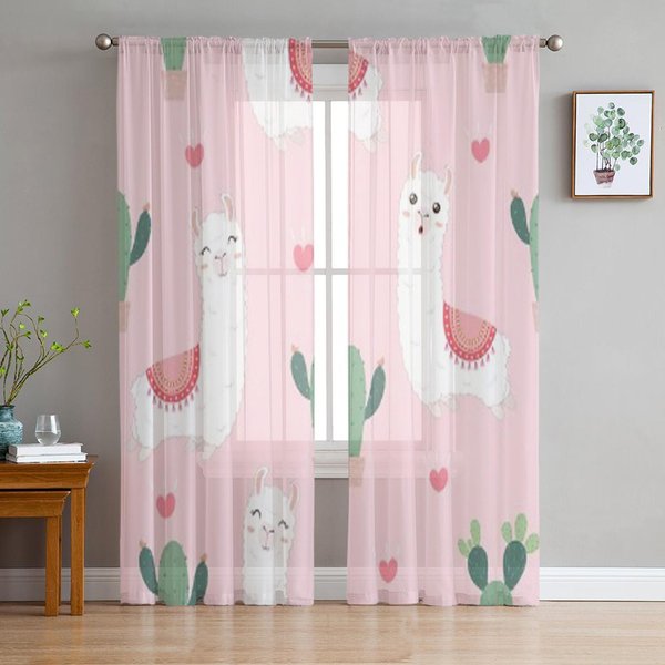 Cortinas Transparentes De Tul Rosa Con Dibujos Animados De Alpacas Y Cactus Para Sala De Estar La HabitacióN Dormitorio Cocina DecoracióN Cortinas De Voile Organza 135W X 114H(Cm) White-image