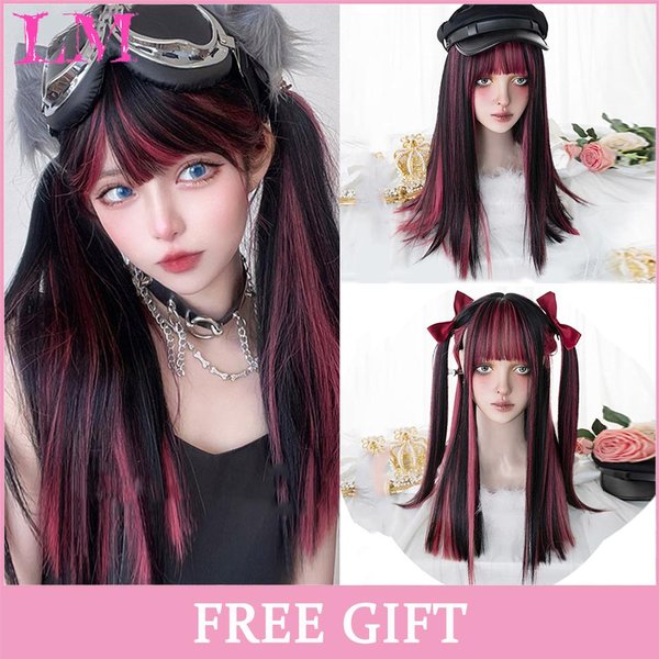 LM Syntetyczna DłUga Prosta Peruka Lolita Z Grzywką Peruka DziewczęCa Urocza Ombre RóżOwo-Blond Czarna Cosplay Impreza Halloween Harajuku Peruka Gray-image