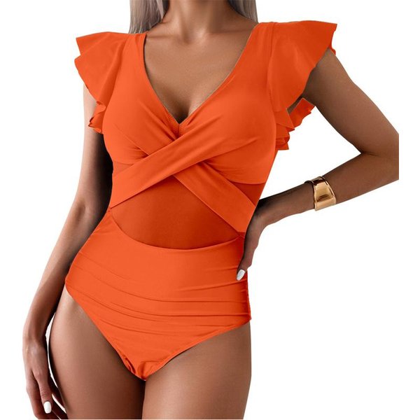 Solidne Kostiumy KąPielowe Letnie PłYwanie Push Up V Neck Beachwaer Monokini Damskie Wzburzyć JednoczęśCiowy StróJ KąPielowy Damskie Stroje KąPielowe Xl PomarańCzowy-image