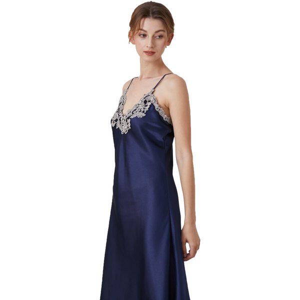 CamisóN De Mujer Encaje SatéN Camisones LenceríA Sexy Camisola Larga Ropa De Dormir M Azul Marino-image