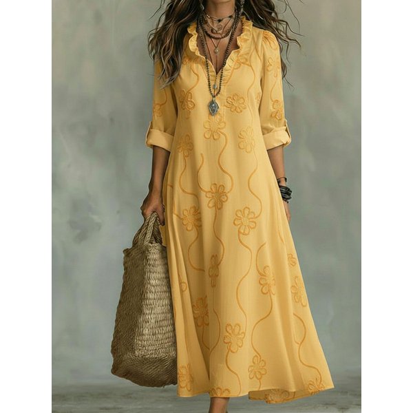 Vestido Maxi Floral Con Cuello En V Y Mangas Con Volantes Para Mujer, Estilo Bohemio, Corte Holgado, Vestido De Verano XXL Amarillo-image