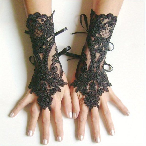 Nuevos Guantes De Boda Sin Dedos De Encaje Blanco Negro De Alta Calidad Guantes Mitones Accesorio NiñA Fiesta Guantes Sexy Guante One Size Negro-image