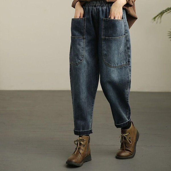 Damskie Jeansy Harem Retro Plus Size Z Przetarciami Elastyczny Pas LuźNe Casualowe Szerokie Nogawki DużE Kieszenie XXL Black-image