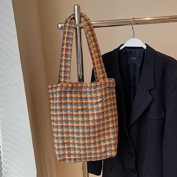 Bolso De Hombro Retro Ins Casual A Cuadros Bolso Nuevo Moda Simple Para Mujer Moda OtoñO E Invierno Bolso Tipo Cubo Brown-image