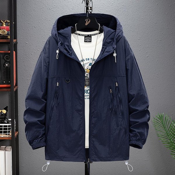 8XL 9XL DużE Rozmiary Letnie Kurtki MęSkie Ochrona Przed SłOńCem PłAszcze ChroniąCe SkóRę Ultralekkie Kurtki Z Kapturem DużE Rozmiary 7XL MęSka WiatróWka 4XL Kolor Granatowy-image
