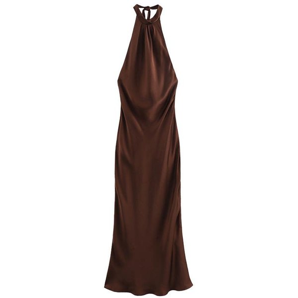 Vestido Largo De SatéN Sin Mangas Con Cuello Halter Para Mujer, Corte Acampanado, Cintura Media, Elegante Espalda Descubierta L MarróN-image
