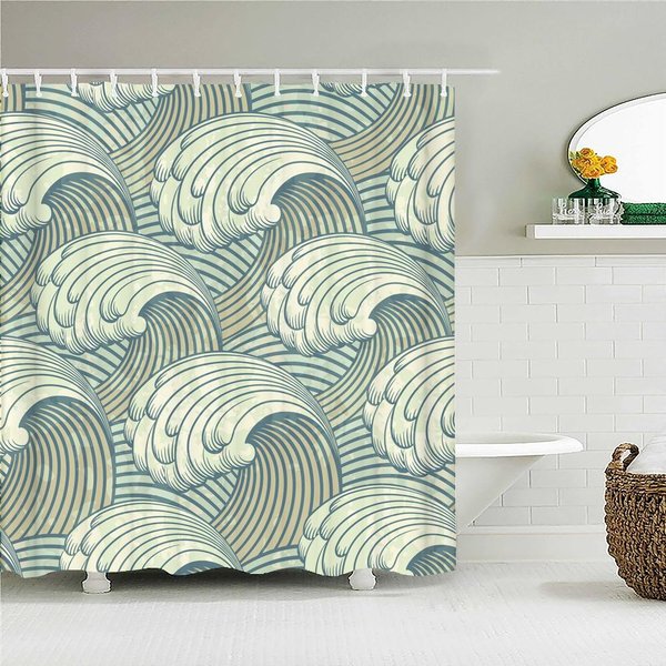 Cortina De Ducha De Tela De PoliéSter Impermeable Ondas Estilo JaponéS Paisaje SamuráI ImpresióN 3D DecoracióN De BañO Cortinas De Ducha W90Xh180Cm-image