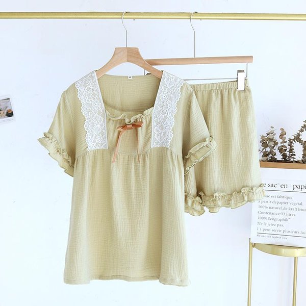 Conjunto De Pijama De Verano Para Mujer Nuevo 100% AlgodóN Crepé Encaje Dulce Encaje Manga Corta PantalóN Corto Dos Piezas Conjunto Para Casa Mujer XL Beige-image