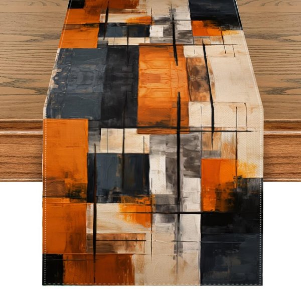 Akwarelowa Sztuka Abstrakcyjna Lniany BieżNik StołOwy Na Dekoracje ŚWiąTeczne PomarańCzowo-Czarny Wzor Pasiasty BieżNiki StołOwe Dekoracja Komody 150X33Cm Black-image