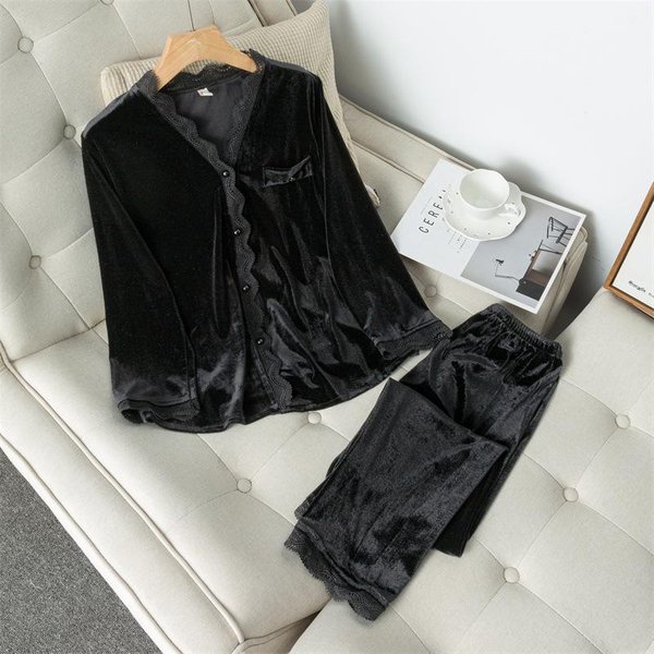 Encaje Gris Ribete 2PCS Ropa De Dormir Mujer Camisa De Velour&Pantalones OtoñO Nuevo Conjunto De Pijama Manga Larga Conjunto Para Dormir Terciopelo Traje De Pijama 2XL-image