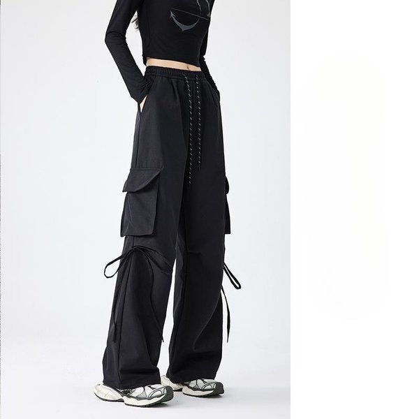 Pantalones De Trabajo Cortavientos Para Mujer En OtoñO E Invierno Engrosados Rectos De Cintura Alta Retro De Pierna Ancha Pantalones ParacaíDas De Carga Para Mujer XL Black-image