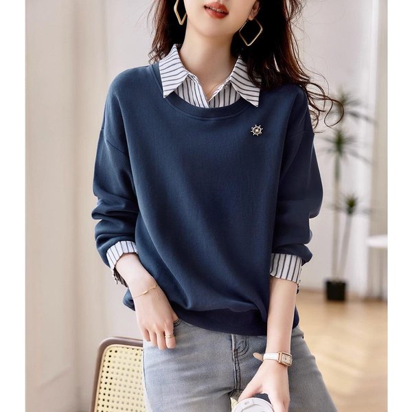 Sudadera Coreana Para Mujer Con Efecto Reductor De Edad Para OtoñO Nuevo Top Casual Adelgazante Falso De Dos Piezas 2XL Gray-image