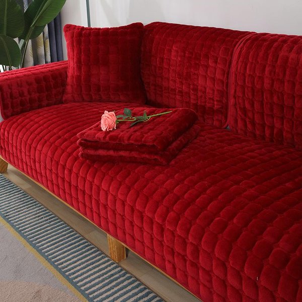 Jednolity Kolor AntypośLizgowa Narzuta Na Sofę ZagęśCić MięKka Pluszowa Poduszka Na Sofę RęCznik Na Meble Do Salonu WystróJ Narzuty Pokrowce Na Kanapę 90X160Cm 1Pcs Czerwony-image