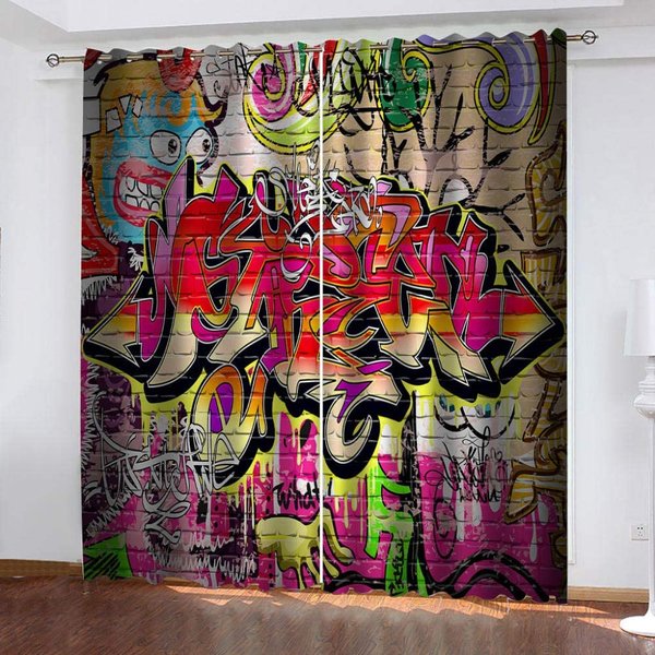 Cortina De Arte Abstracto ImpresióN Digital 3D Graffiti Cortina Tratamiento De Ventana DecoracióN Sala De Estar Dormitorio 173W183H(Cm)68X72In&Grommet Top-image