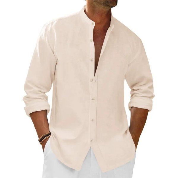 Camisa Henley De AlgodóN Lino Para Hombre Primavera Verano Color SóLido Ligera Estilo Playa Vacaciones Manga Larga S-image