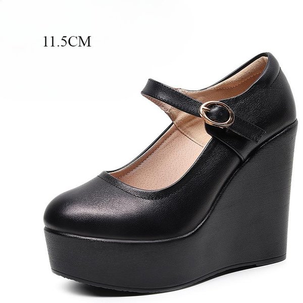 MałY DużY Rozmiar 33-43 PłYtki Gruby SpóD Oryginalne SkóRzane Buty Platformowe Pompy Jesień Damskie Wysokie Obcasy Koturny Buty Biurowe 42 Black-image
