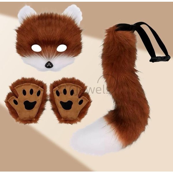 Cola De Zorro De Piel SintéTica Gato Lobo Disfraz Cosplay Conjunto MáScara De Felpa Guantes De Pata Esponjosos Accesorios De Anime Fiesta De Halloween Para NiñAs Mujeres Brown-image