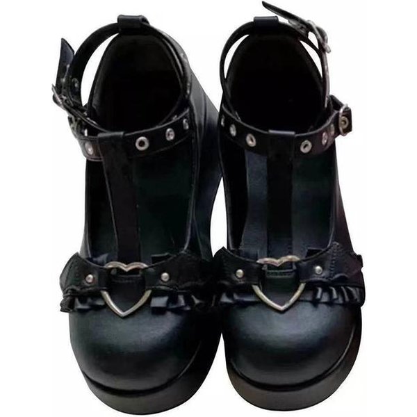 CuñAs Mary Janes Con Hebilla De CorazóN Dulce Para Mujer Rosa Correa En T Plataforma Gruesa Zapatos Lolita Mujer Punk GóTico Zapatos Cosplay 43 36 Negro-image