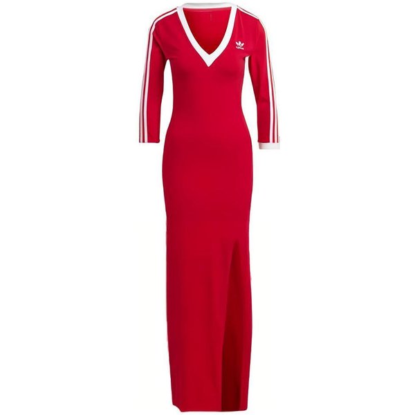 Sukienka Maxi Adidas Originals Adicolor Classics 3-Stripes Z Dekoltem W Serek I RęKawami Do PołOwy DłUgośCi Damska Sukienka Czerwona II0750 S Red-image