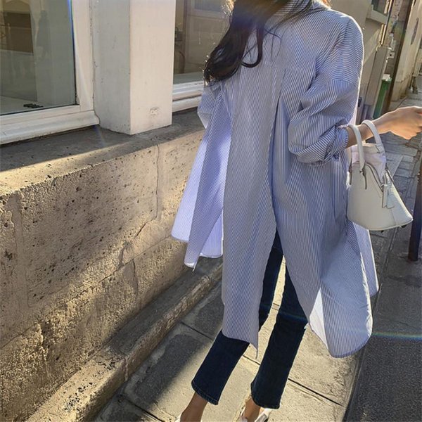 Camisa De Estilo Holgado Y Relajado Para Mujer, Largo Medio, DiseñO Irregular, Camisa Azul A Rayas Para ProteccióN Solar XL Gray-image