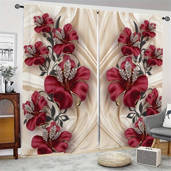 Czerwony ZłOty Diamentowy Kwiatowy ZasłOny Okienne Rolety Do Salonu Pokoju DziecięCego ŁAzienki Kuchni Biura Drzwi Dekoracja Domu 2Szt. W65X60H(Cm)X2Pcs&Grommet Top Gray-image