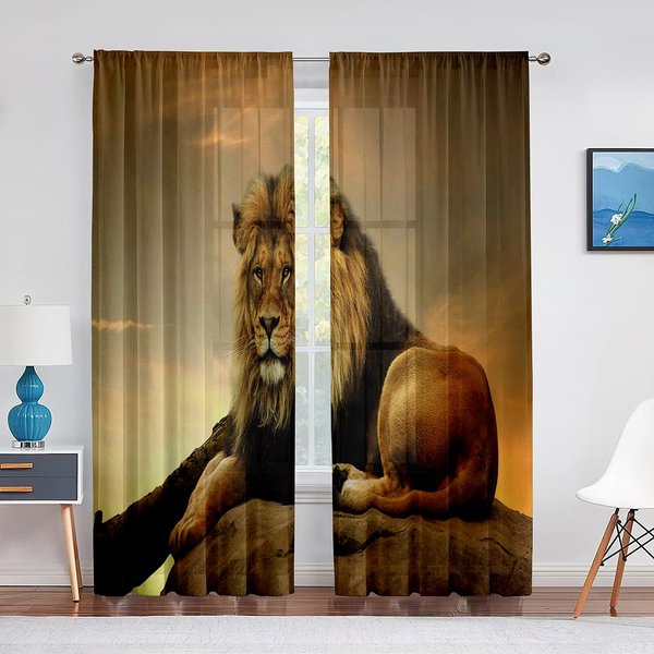 Cortina De Tul Para Pareja De Leones De Animales Salvajes Africanos Para DecoracióN De Ventana De Sala De Estar En Casa Dormitorio Cocina Cortinas Transparentes De Voile Modernas 1 PCS W100Xh250Cm&Grommet Top-image