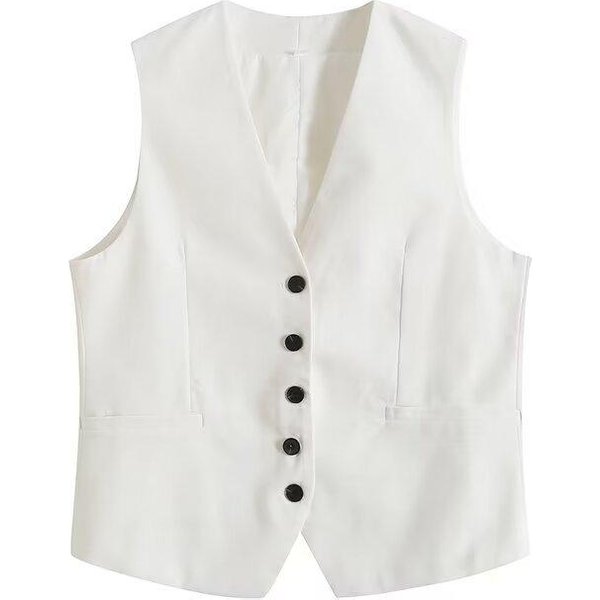 Chaleco De Lino De Color SóLido Con Cuello En V Para Mujer S Blanco-image