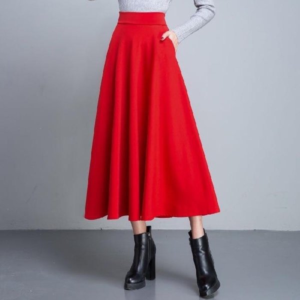 Falda Midi Y Larga De Cintura EláStica Para Mujer, Cintura Alta Y Delgada, Falda Acampanada VersáTil XL Rojo-image