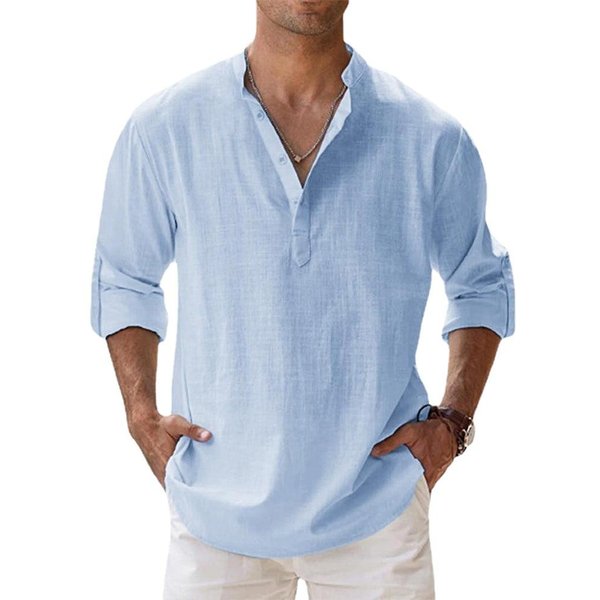 Camisas De Lino De AlgodóN Para Hombres Camisas Casuales Camisas Ligeras De Manga Larga Henley Beach Camisetas Hawaianas Para Hombres Ropa De Calle XXL Azul-image
