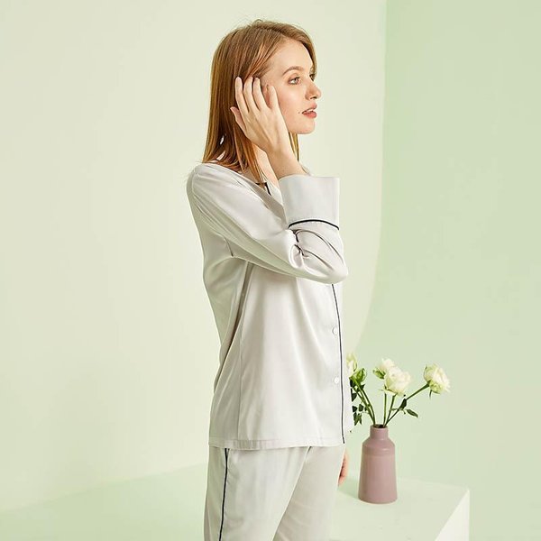 Pijama CáRdigan De SatéN De Manga Larga Pantalones Pijama Holgado Casual Ropa De Casa Pijama Mujer Color SóLido Pijama L Beige-image