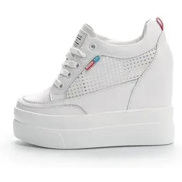 Zapatillas De Cuero Genuino Para Mujer 11Cm CuñA Oculta Zapatos De Plataforma Zapatillas De TacóN Alto Zapatos Casuales Para Mujer Zapatillas Blancas 34 White-image