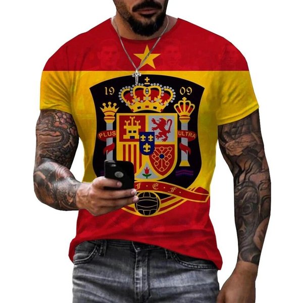 Camiseta Con Cuello Redondo Y Estampado 3D Del Emblema Nacional De EspañA, PantalóN Corto Informal De Manga Corta, Camisetas De Gran TamañO, Camisetas A La Moda, Ropa Para Hombre S-image