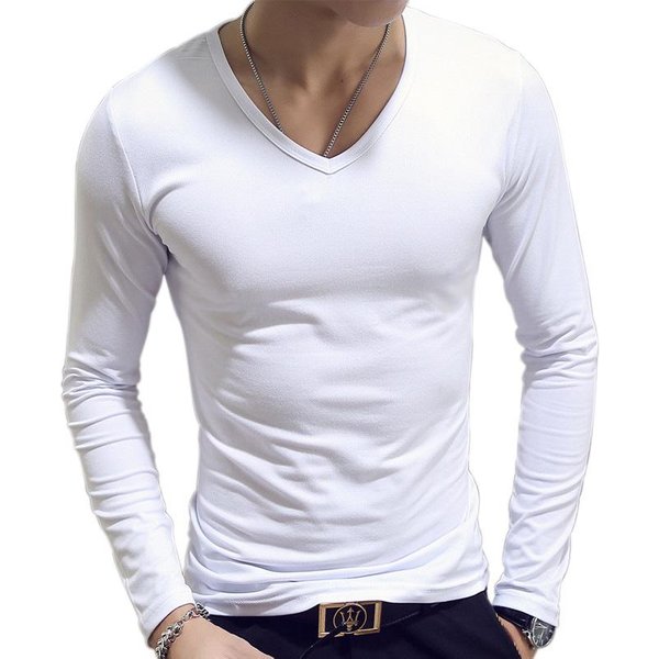 Camiseta De Hombre De Manga Larga Para Primavera Y OtoñO Ajustada Color Multicolor Redondo Cuello Jersey Camisa Base Para Hombre XS White-image