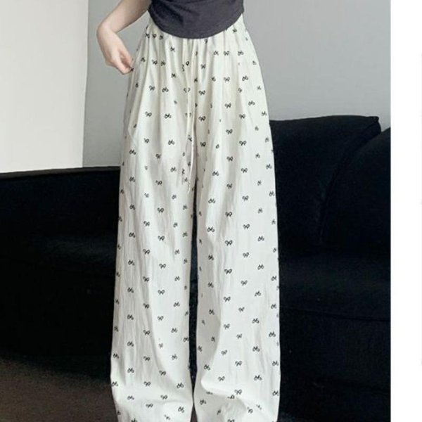 Pantalones Casuales De Estilo Niche Con Lazo Para Mujer En Verano Nuevos De Cintura Alta Con CaíDa Pierna Ancha Adelgazantes Tubo Recto Perezoso Pantalones De Seda Helada 2XL Gray-image