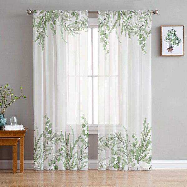 Cortinas Transparentes De Hojas Verdes De Acuarela Para DecoracióN De Sala De Estar Cortinas De Ventana Para Cocina Cortinas De Tul Voile Organza W135 X H115Cm X1-image